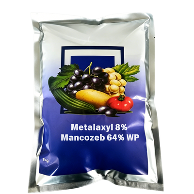 Metalaxyl 8% Mancozeb 64% WP Compuesto humedecible en polvo Fungicida, sistémico y de contacto Pesticida para el control de la poliomielitis tardía en las hortalizas Frutas